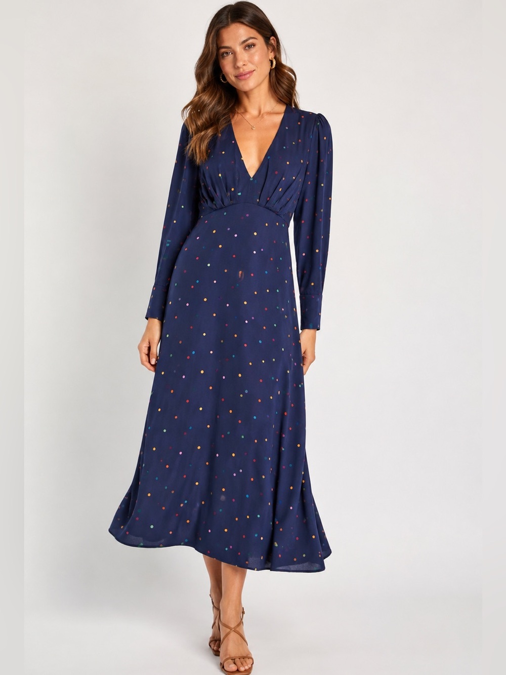 FARM Rio Rainbow Polka Dot Navy Long Sleeve Midi Dress Small